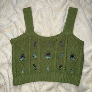 Green Knit Embroidered Women's Top
